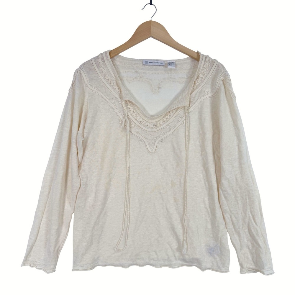 Marisa Christina Linen Sheer Sweater Women XL Cream Embroidered Boho Tie Neck